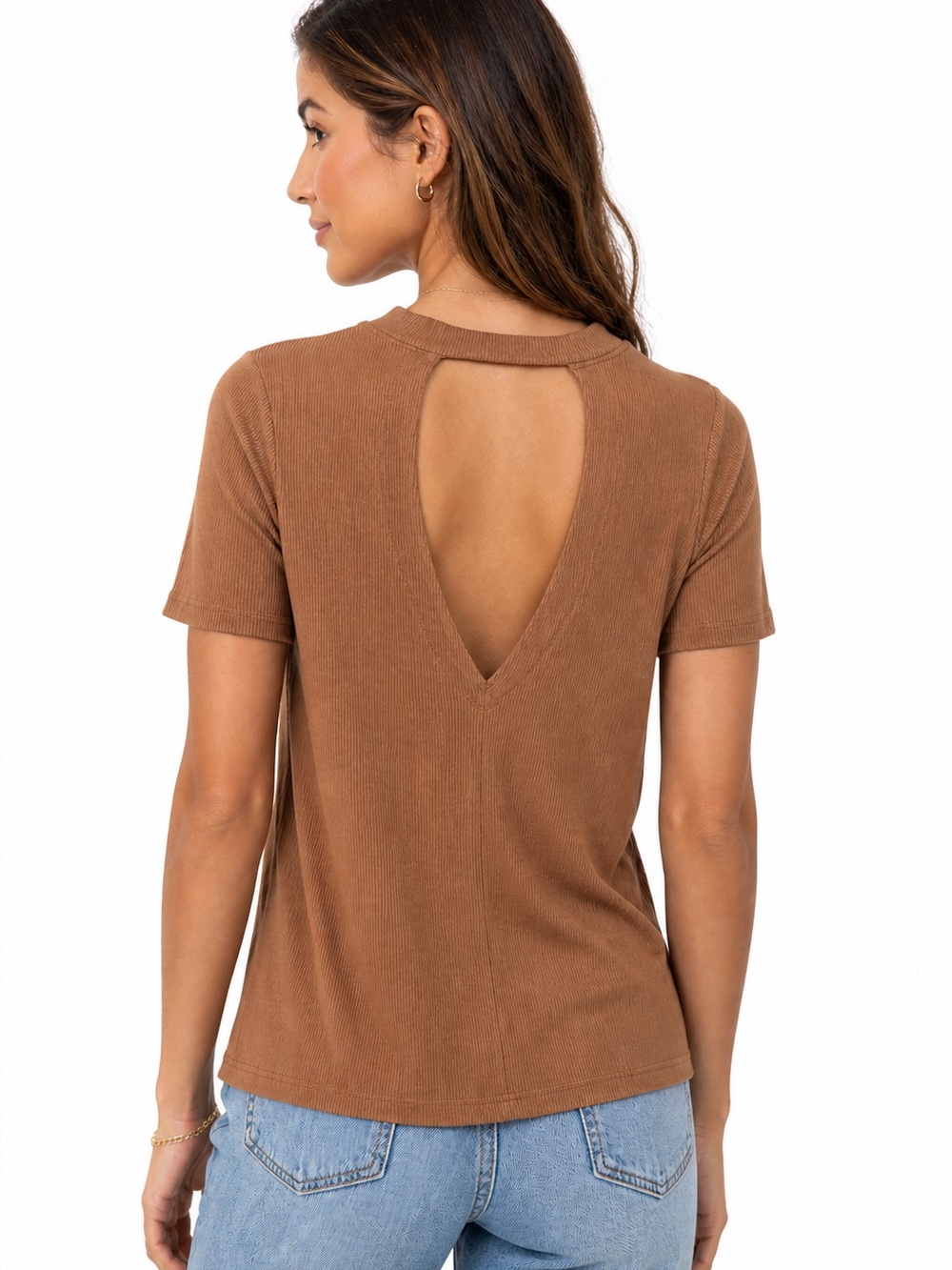 American Eagle Soft & Sexy Size Large Brown Ribbed Short Sleeve Top Open Back